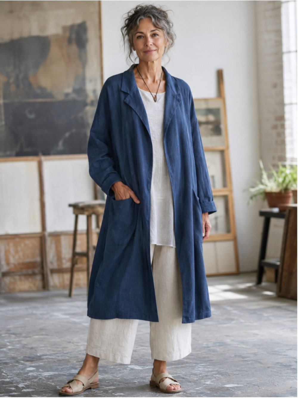 Linen Jacket Women’s M Mus & Bombon Duster Oversized Lagenlook Art Teacher Blue
